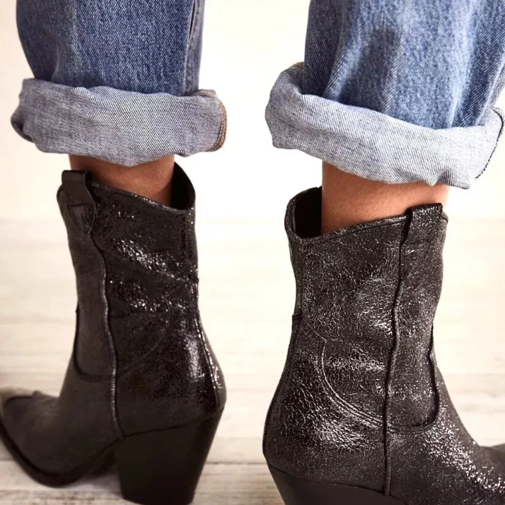 Free People Brayden Western Boot Metallic Black Leather Pewter Etched Tip Zip - Picture 10 of 10